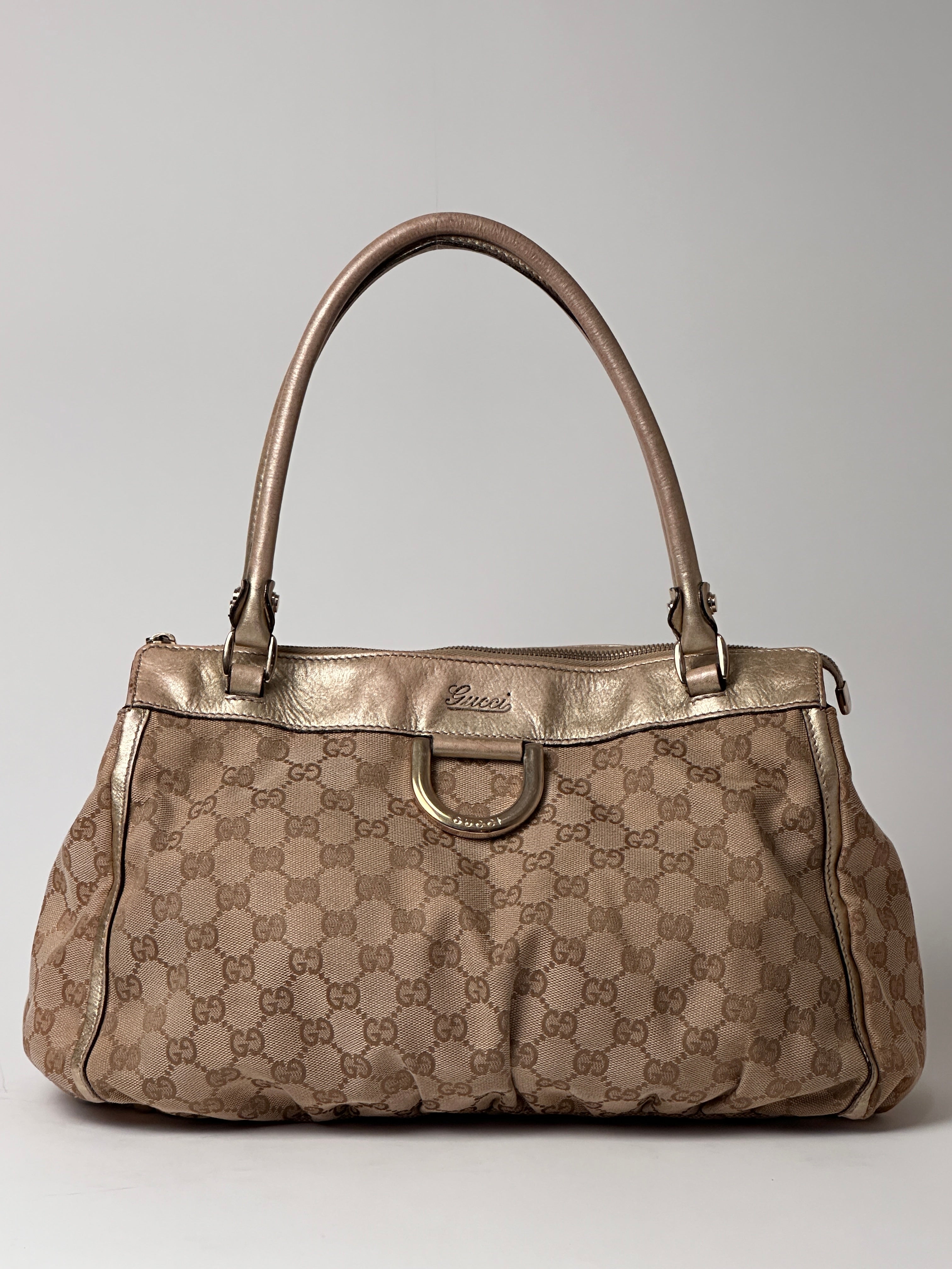 Gucci D-Ring Golden Brown Monogram Canvas Leather Handbag