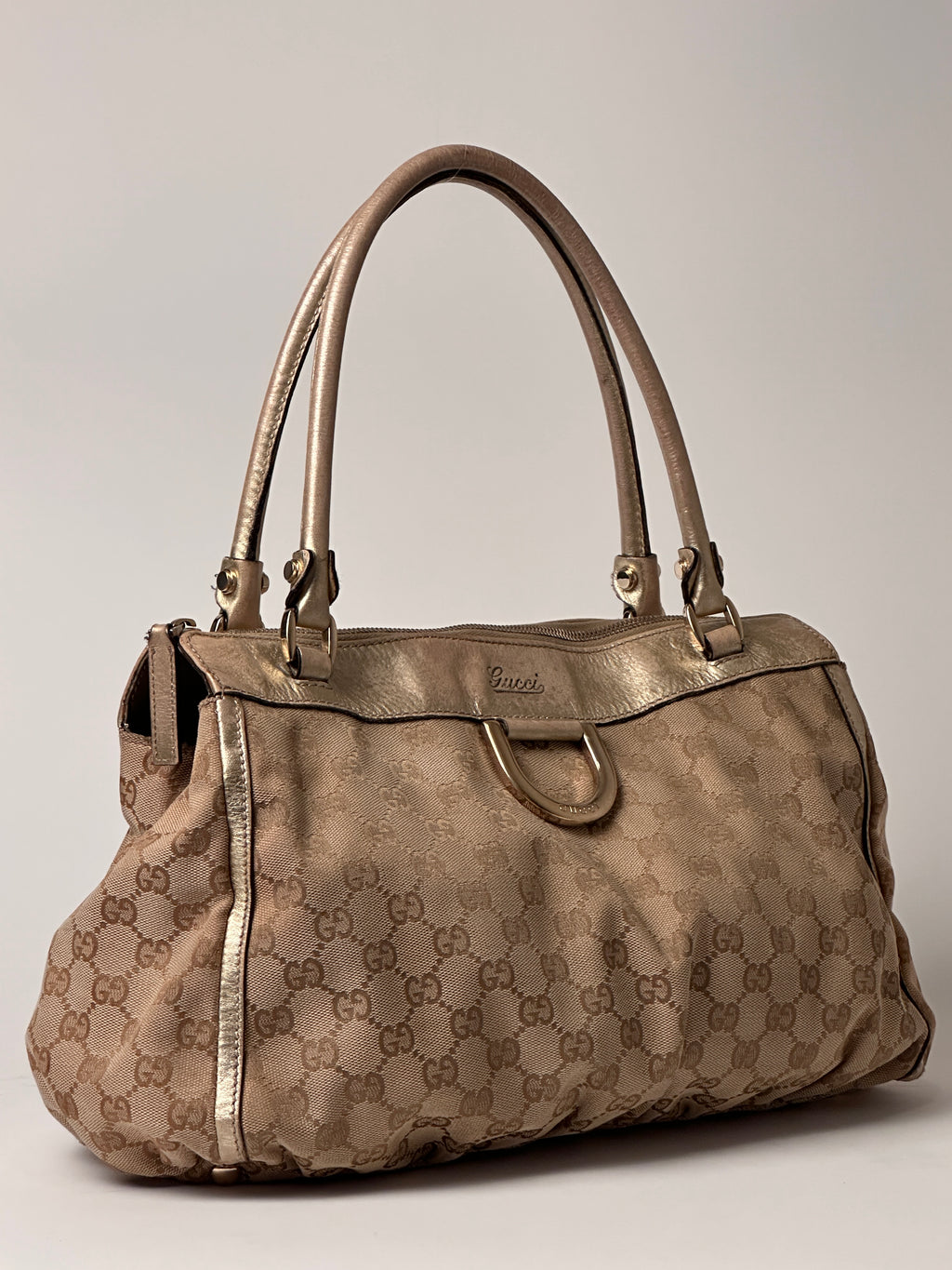 Gucci D-Ring Golden Brown Monogram Canvas Leather Handbag