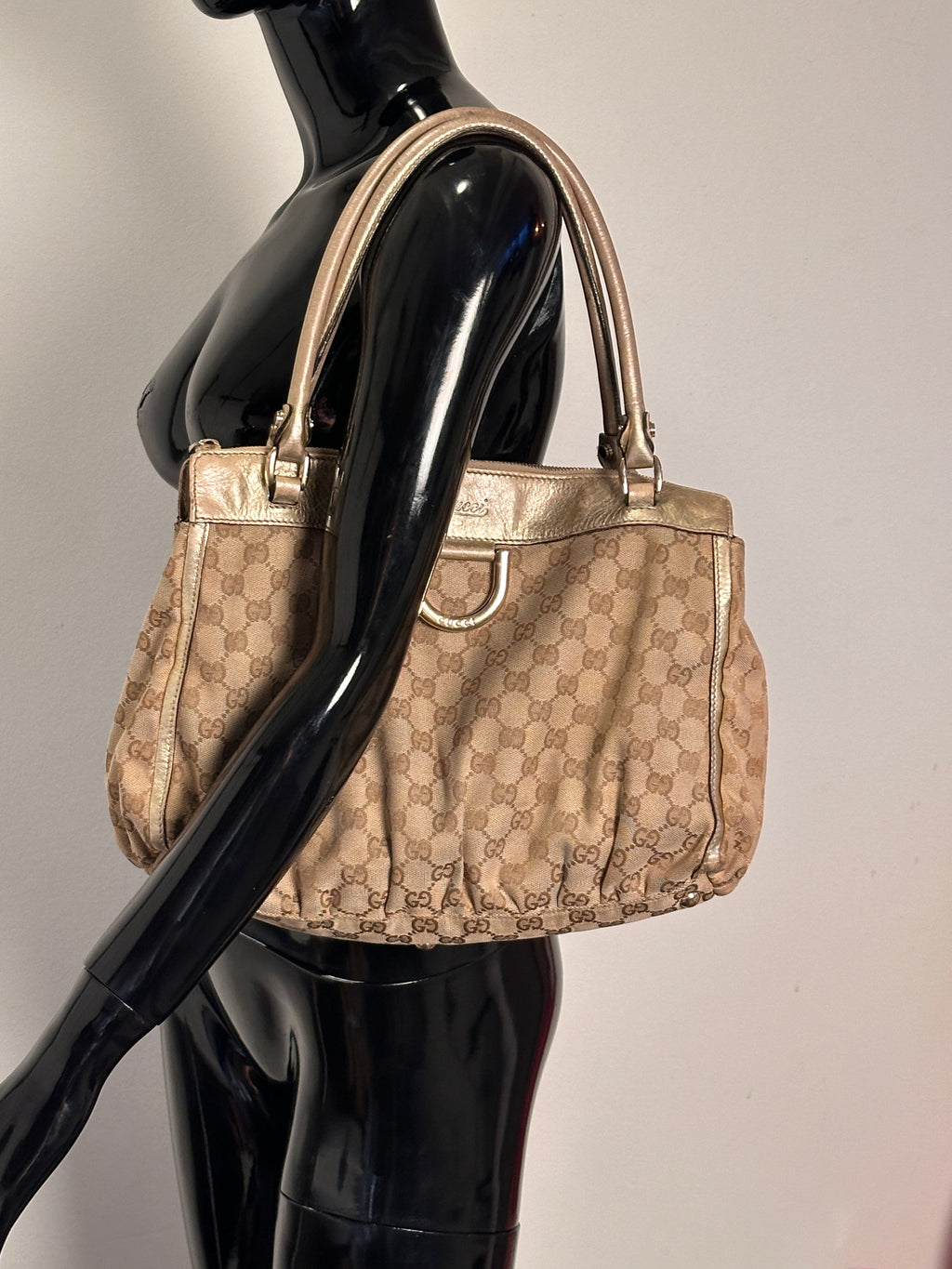 Gucci D-Ring Golden Brown Monogram Canvas Leather Handbag