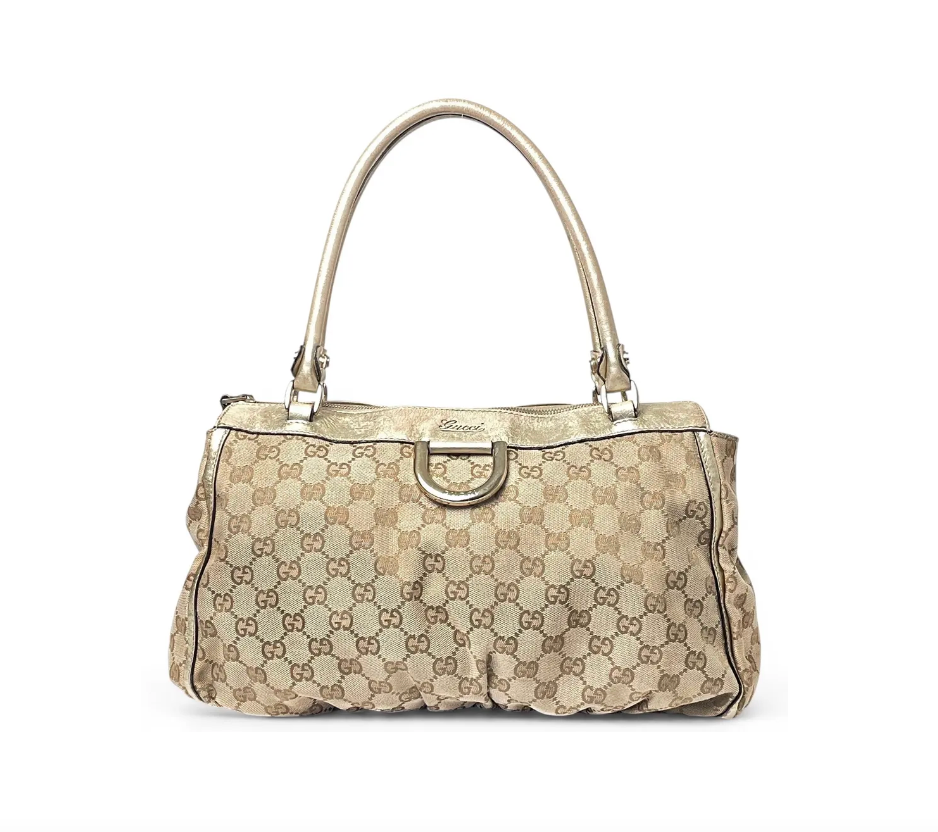 Gucci D-Ring Golden Brown Monogram Canvas Leather Handbag