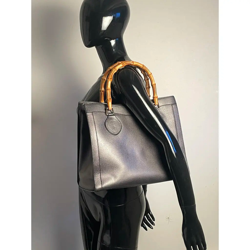 Gucci Diana Bamboo Vintage Handbag Black Charcoal Leather