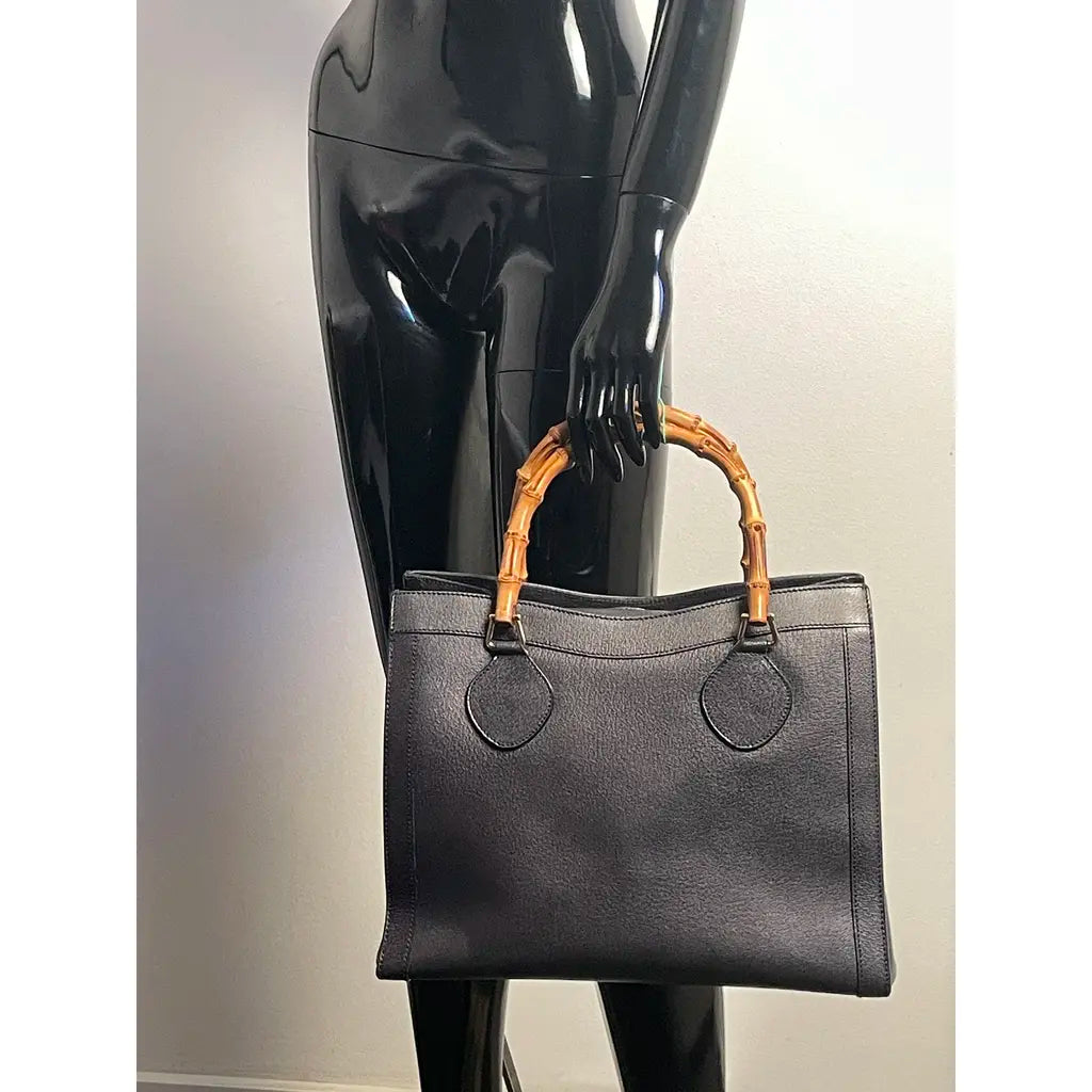 Gucci Diana Bamboo Vintage Handbag Black Charcoal Leather