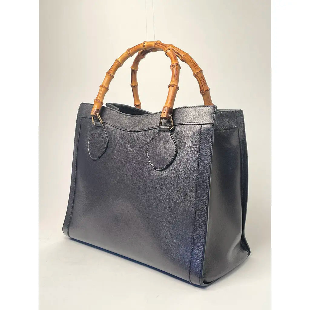 Gucci Diana Bamboo Vintage Handbag Black Charcoal Leather