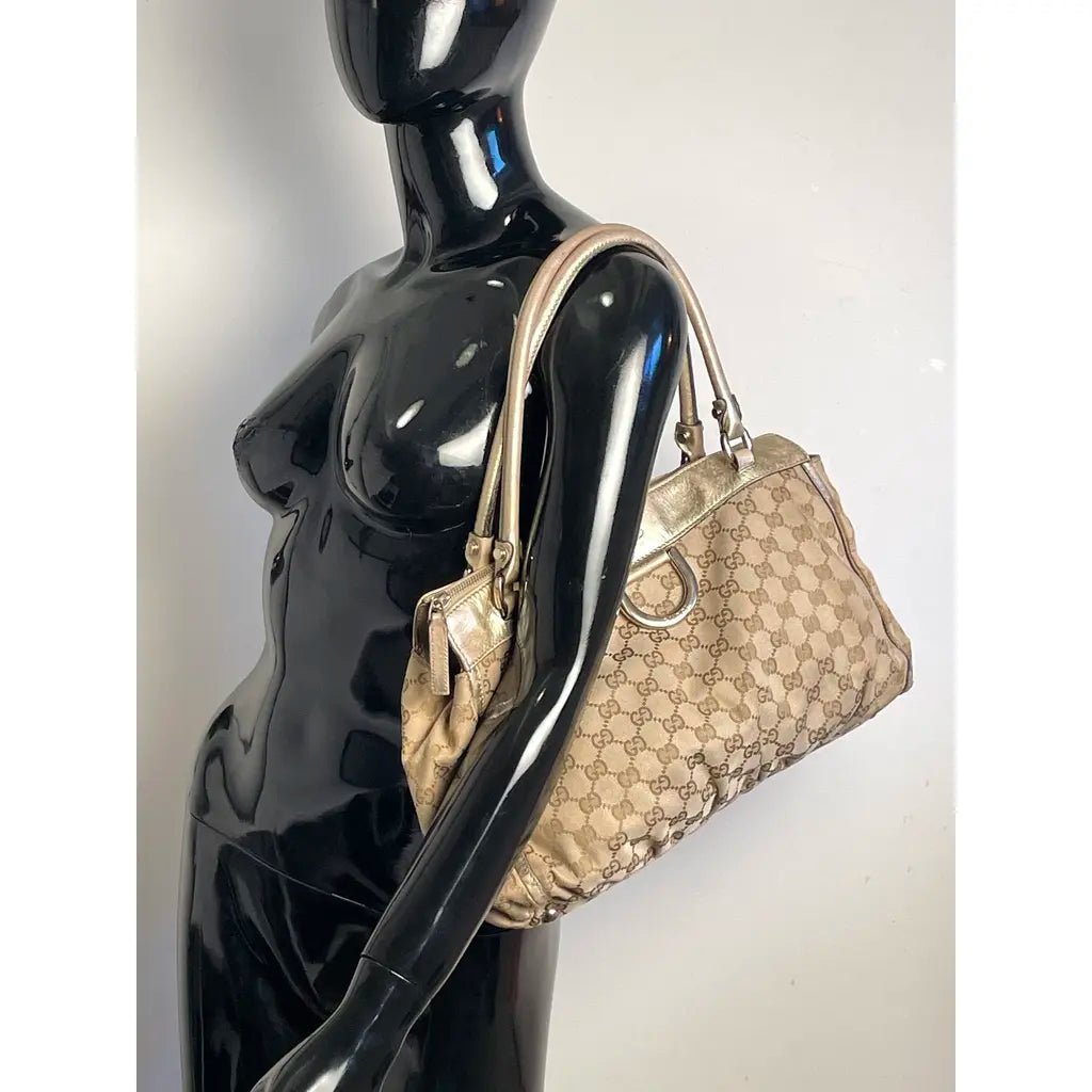 Gucci D-Ring Golden Brown Monogram Canvas Leather Handbag