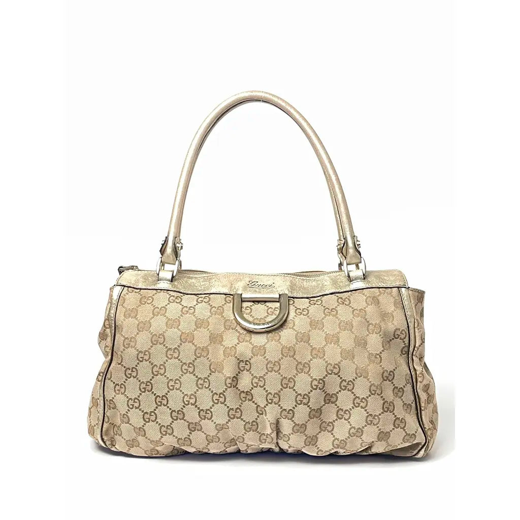 Gucci D-Ring Golden Brown Monogram Canvas Leather Handbag