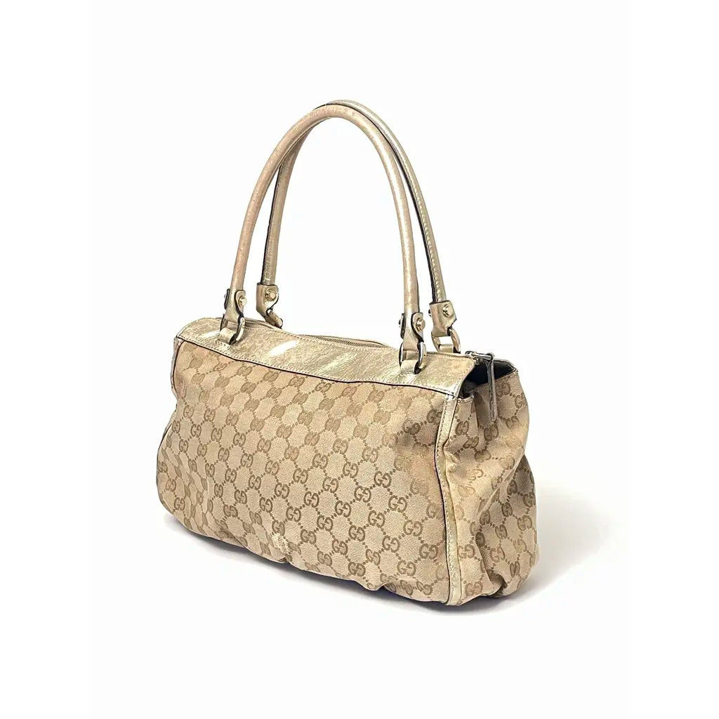 Gucci D-Ring Golden Brown Monogram Canvas Leather Handbag