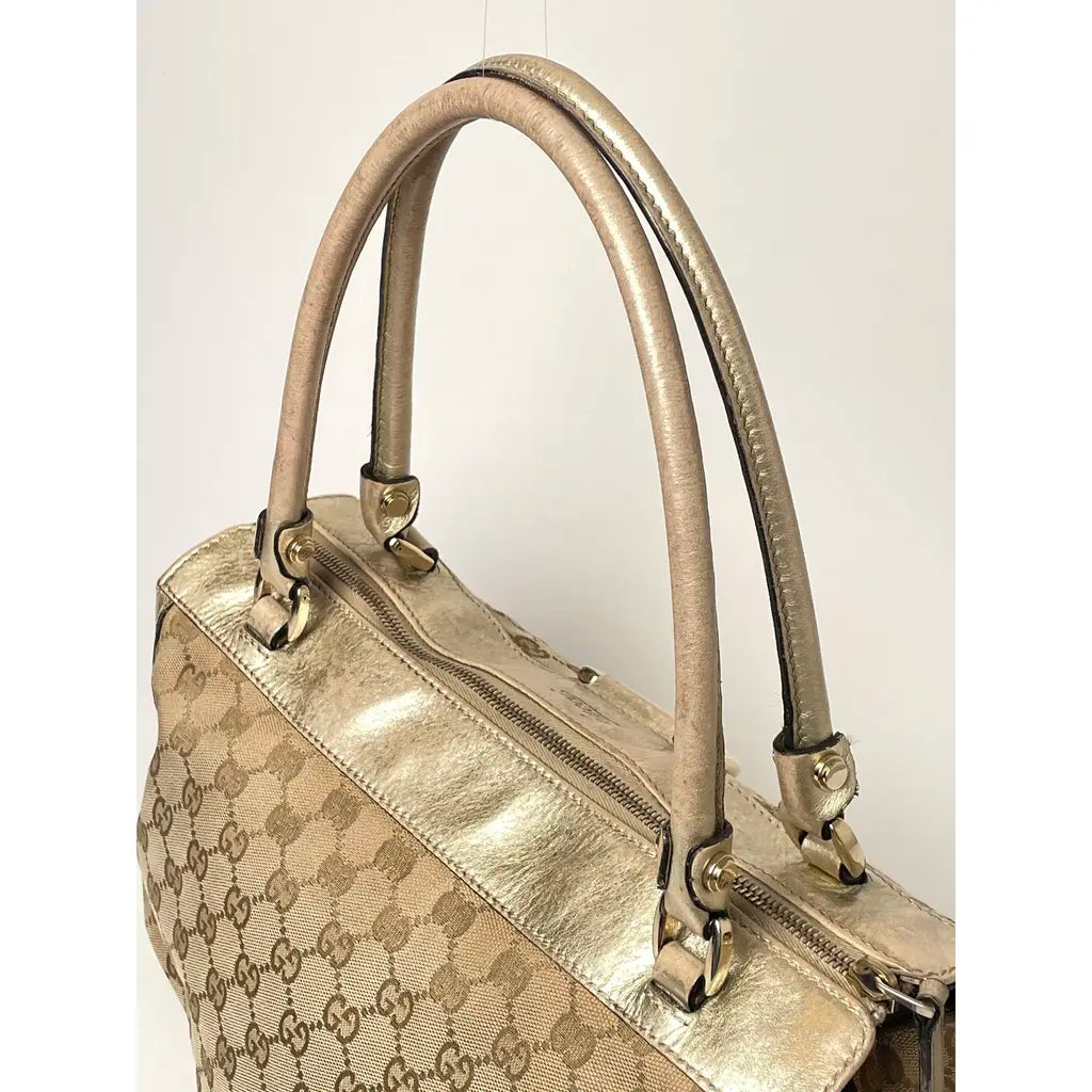Gucci D-Ring Golden Brown Monogram Canvas Leather Handbag