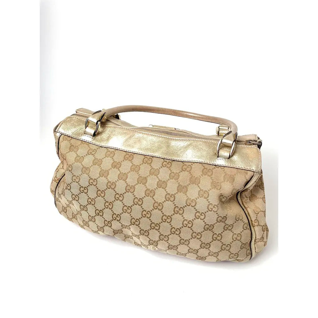 Gucci D-Ring Golden Brown Monogram Canvas Leather Handbag