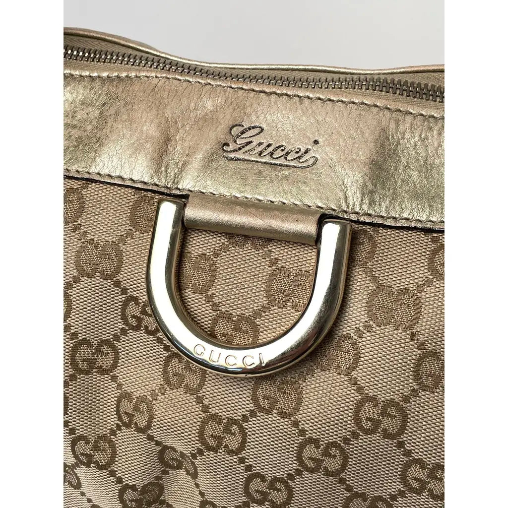 Gucci D-Ring Golden Brown Monogram Canvas Leather Handbag