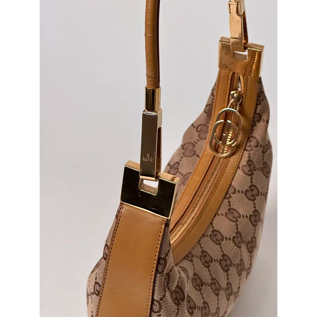 Gucci Hobo Golden Brown GG Cloth & Leather Shoulderbag