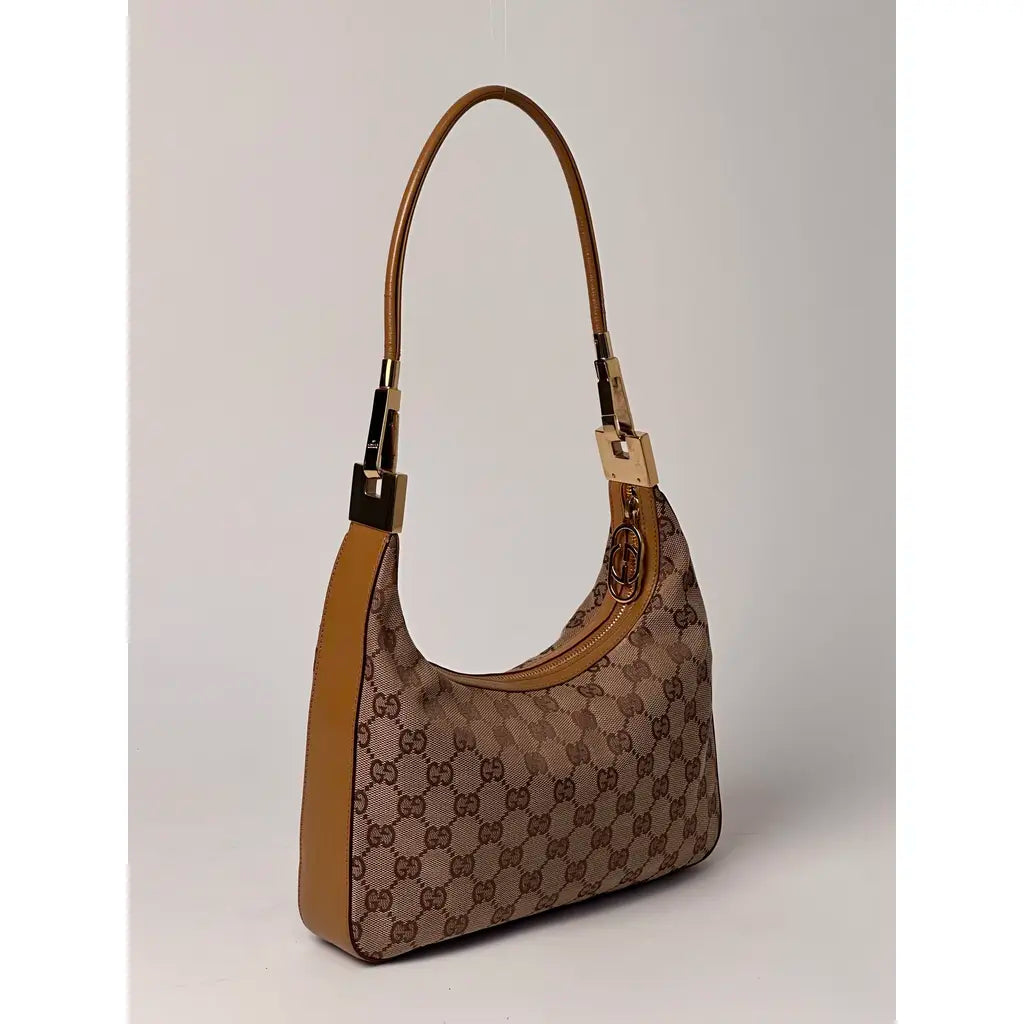 Gucci Hobo Golden Brown GG Cloth & Leather Shoulderbag