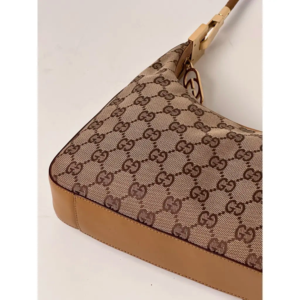 Gucci Hobo Golden Brown GG Cloth & Leather Shoulderbag